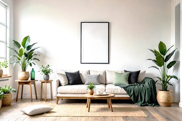 Chair, planters and sofa concept room design. View of modern scandinavian style interior with artwork mock up on wall.
