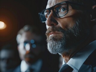 A close-up shot of a businessman wearing glasses and a suit, suitable for use in corporate or professional settings