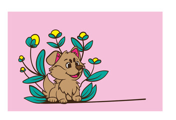 Obraz premium cartoon dog with flower illustration with text copyspace for advertising background 