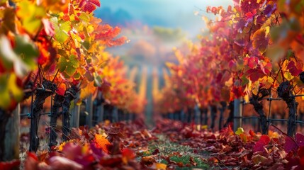 Stunning high quality photo of a picturesque vineyard with vibrant and colorful autumn leaves