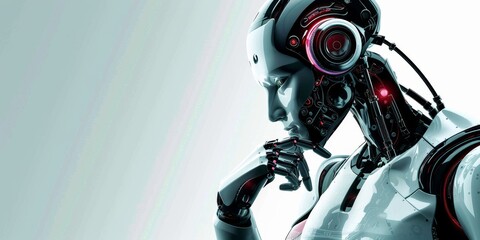 Humanoid robot thinking against a white background with copy space. Artificial intelligence concept.
