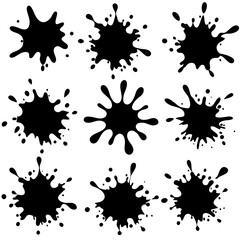 A collection of black ink splashes is displayed on a white background