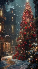 Fototapeta premium A beautiful winter scene of a snow-covered street with a large decorated Christmas tree in the foreground