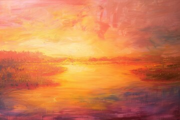 Obraz premium An oil painting depicting a golden sunset over a river, with hues of orange and reflections on the water, Golden sunsets painting the sky in hues of orange and pink