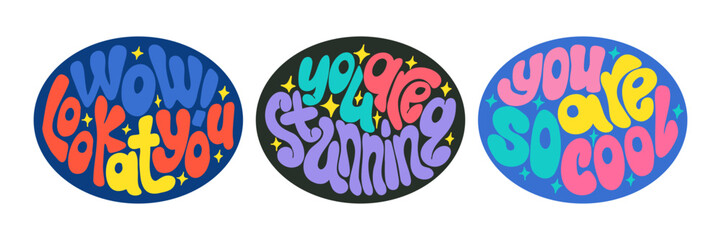 Trendy set of Self care hand drawn lettering in flat style with chunky characters in confident colors. Hand drawn slogans in ellipse shape on contrast background. Selflove quote.