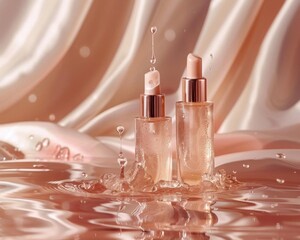 Naklejka premium Two bottles of expensive skincare product on a wet pink silk cloth