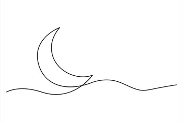 Continuous one line drawing of moon icon. Crescent moon for Ramadan isolated on white background outline vector art illustration