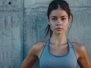Fototapeta premium A young woman stands against a concrete wall, looking straight ahead
