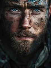 A person's face with bright blue eyes in a close-up shot