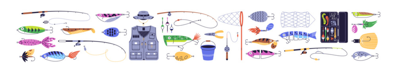 Fishing gear set. Hook, lure, bait and net. Angler, rod, reel and bobbers, fish tackles in box. Angling and spinning equipment, accessories. Flat vector illustration isolated on white background © Good Studio