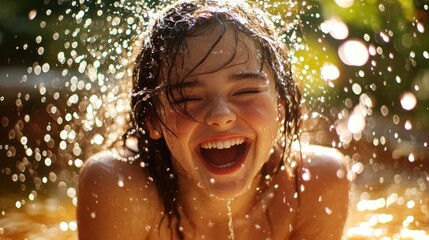Fototapeta premium Joyful Young Woman Laughing in Sunlit Water with Sparkling Bokeh Background