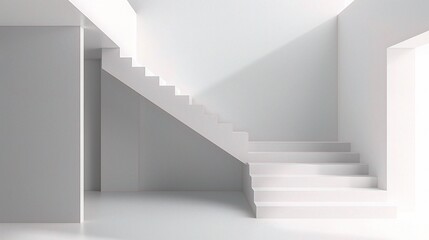 Ascending Minimalism: A pristine white staircase ascends gracefully in a minimalist architectural space, bathed in natural light. 