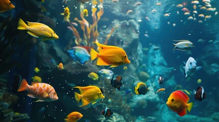 large aquarium with many colorful fish swimming in the water