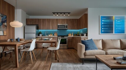 Interior design of a modern luxury house full of furniture, living room view of an smart house