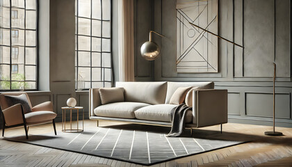 Obraz premium Modern Elegance: Stylish Beige Sofa in Contemporary Living Room with Natural Light