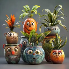A whimsical and eclectic collection of hand-painted ceramic pots, each featuring a unique and expressive face