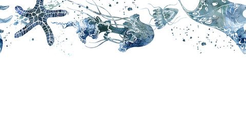 Watercolor and ink hand drawn marine life, sea ocean underwater creatures. fish, shells algae seaweed. Seamless banner illustration, stylized, isolated on white. For zoo shop, aquarium, fabric decor