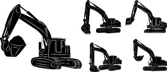 set of excavator silhouette, on white background vector © zolotons