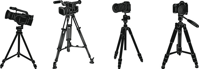 set of photo cameras and video cameras on tripods silhouette, on white background vector