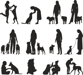 set of woman and dog silhouette, on white background vector