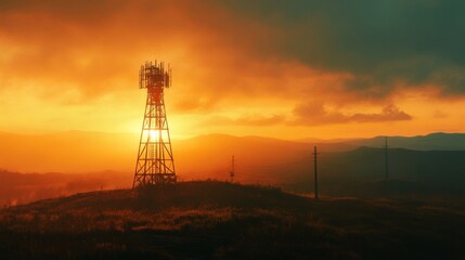 A signal tower covered in warm, golden lights, casting a glow on the surrounding landscape.