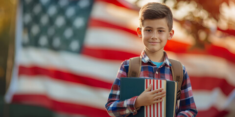 Portrait of a cheerful schoolboy holding books, standing in front of the American flag