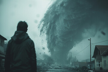 Scary storm day, person in danger under tsunami storm thunderstorm lightning, Generative AI