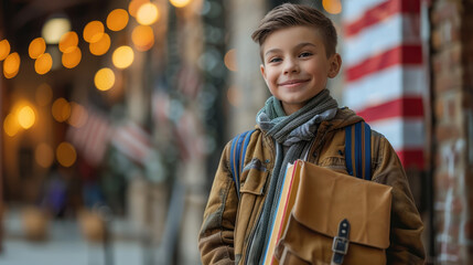 Portrait of a cheerful schoolboy holding books, standing in front of the American flag