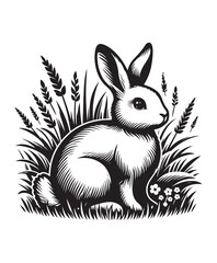 Rabbit  in grass vector style, black and white color