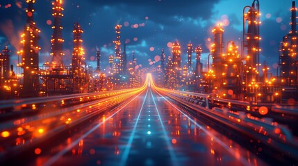 Fototapeta premium Illuminated Industrial Landscape at Night With Reflections in Rain on Paved Road