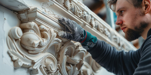 Skilled worker in durable mittens, precisely repairing ornate plaster moldings, architectural details in a historic home