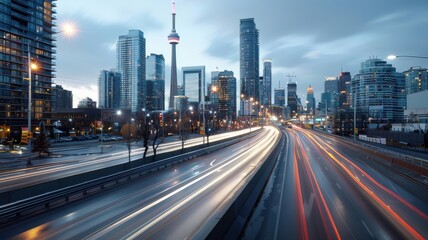 Obraz premium Cityscape at dusk with transitioning light and light trails from cars and streetlights.