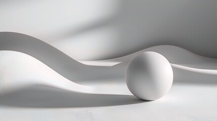 White Sphere in a Minimalist Landscape: A single, pristine white sphere rests on a wave-like surface, bathed in soft light. Shadows dance across the minimalist backdrop, creating a sense of depth and 