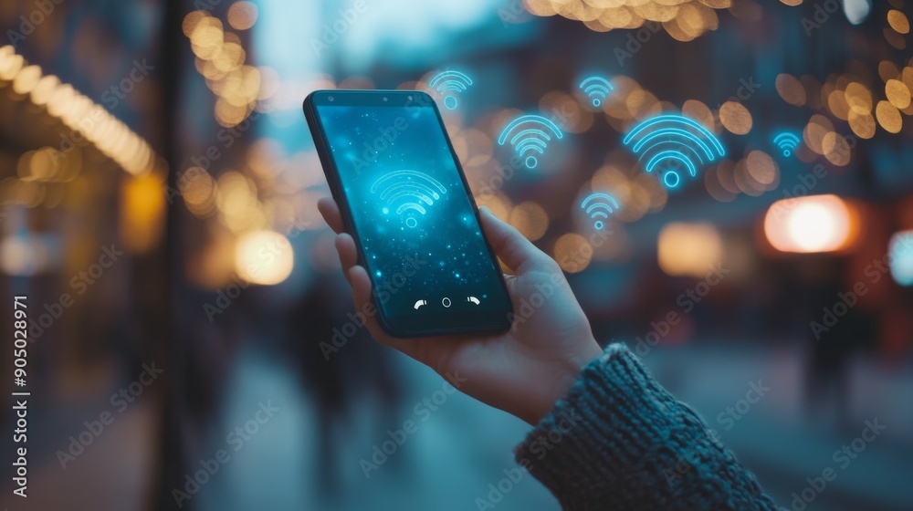 Aufkleber a smartphone in hand, with wi-fi signal strength icons floating around it.