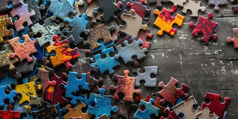 a pile of colorful jigsaw puzzle pieces on a wooden surface.