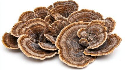 A spread of fresh turkey tail mushrooms with detailed textures, isolated on a white background.