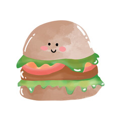 watercolor kawaii cartoon bread, croissant, pancakes, burger, coffee, cupcakes