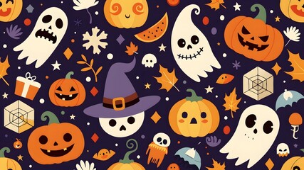 Seamless pattern for Halloween holiday with pumpkin, witch, ghost, and skull. Childish background for fabric, wrapping paper, textile, and wallpaper.