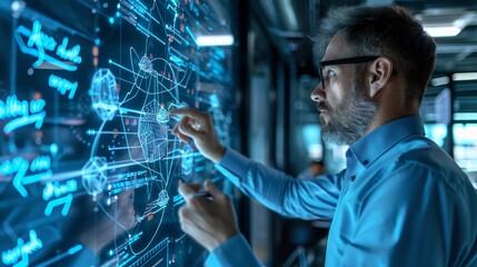 A focused professional interacts with a futuristic digital interface, analyzing data on a transparent screen in an innovative workspace.