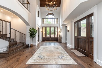 A grand hallway in a home featuring hardwood floors and an elegant chandelier hanging from the ceiling, Grand entrance with soaring ceilings