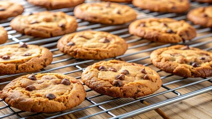 Close-up of freshly baked cookies on a cooling rack, baked goods, tasty, desserts, sweet, homemade, delicious, snack