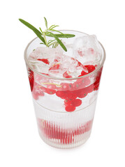 Refreshing water with red currants and rosemary in glass isolated on white