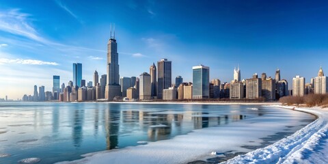 Obraz premium Winter panorama of Chicago with snow-covered skyscrapers and a frozen Lake Michigan , Chicago, winter, panorama, snow