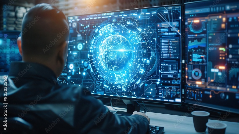 Poster a professional observing data visualizations on a high-tech screen, immersed in analytics and techno