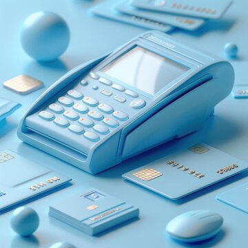 A close-up of a blue credit card reader on a blue background. The reader is surrounded by blue credit cards and other objects.