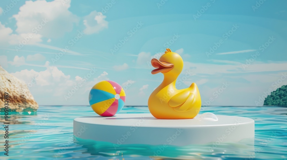 Wall mural a playful scene with a rubber duck and a beach ball floating in calm water