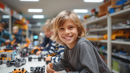 kids in school are making robotics project. Child making robotic car looking at camera in STEM class. Teen child constructing robotic vehicle. STEM education concept.