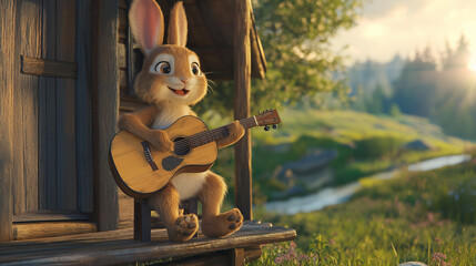 "Rustic Harmony: A Rabbit's Evening Tune on the Cottage Porch"