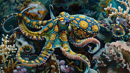 Obraz premium Blue Ringed Octopus Drifting Gracefully Through an Underwater Scene AI Generative