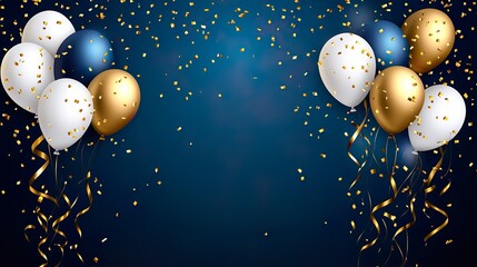 Fototapeta premium Party Celebration with Blue White Gold Balloons Ribbons Confetti Festive Background 